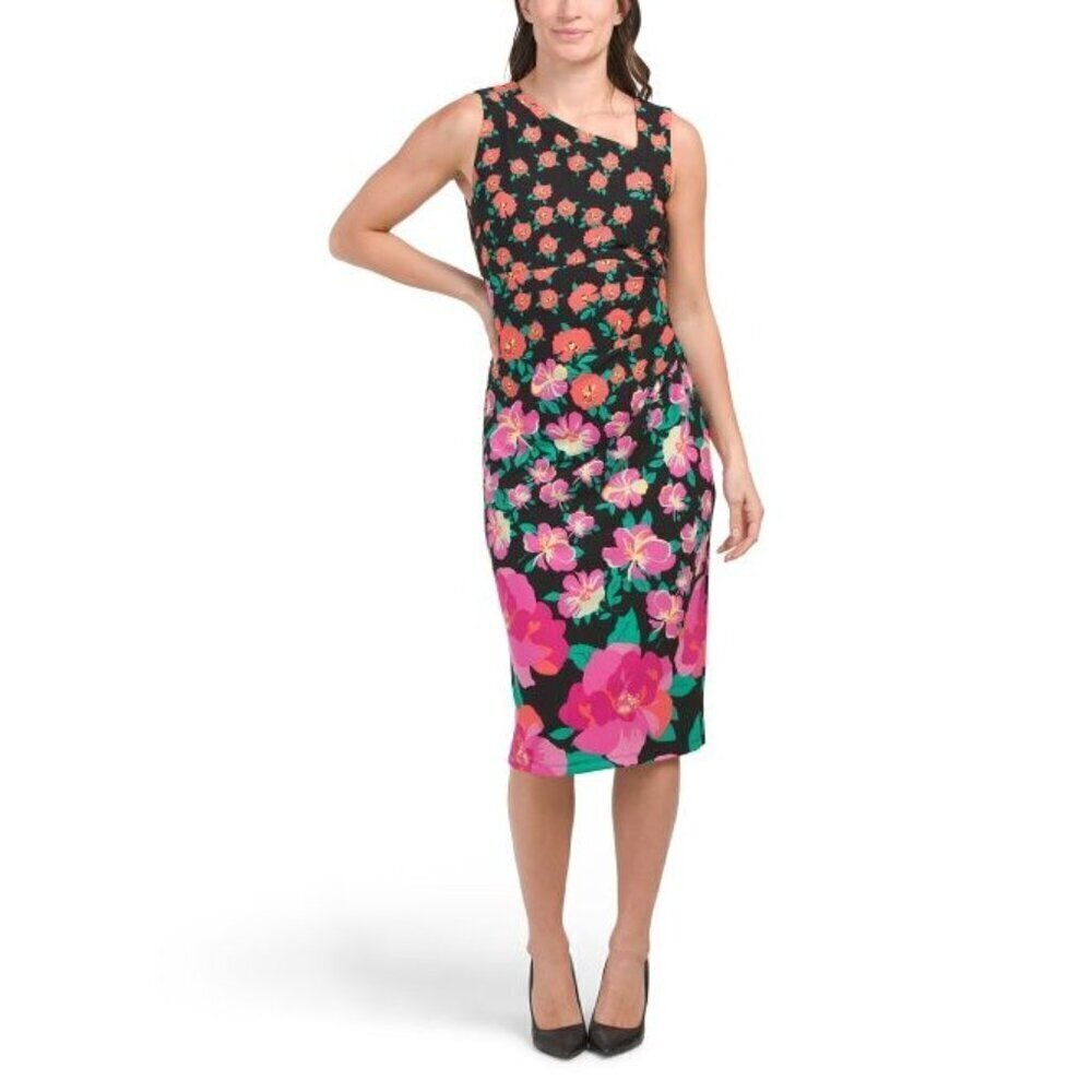 London Times Womens Black Floral Asymmetrical Neck Midi Sheath Dress Sz 10 New